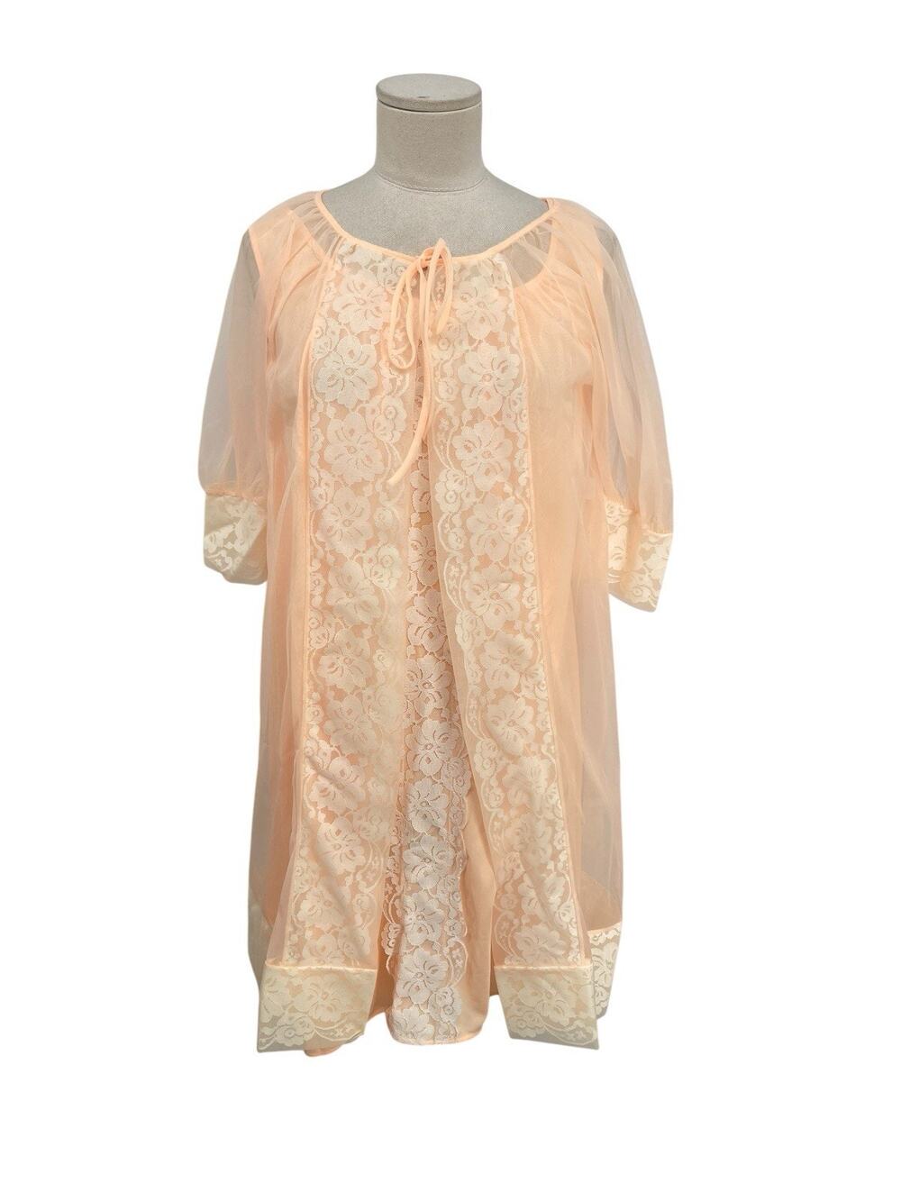 Vintage Movie Star Peignoir Set Nightgown Robe Peach Chiffon Lace Size Small